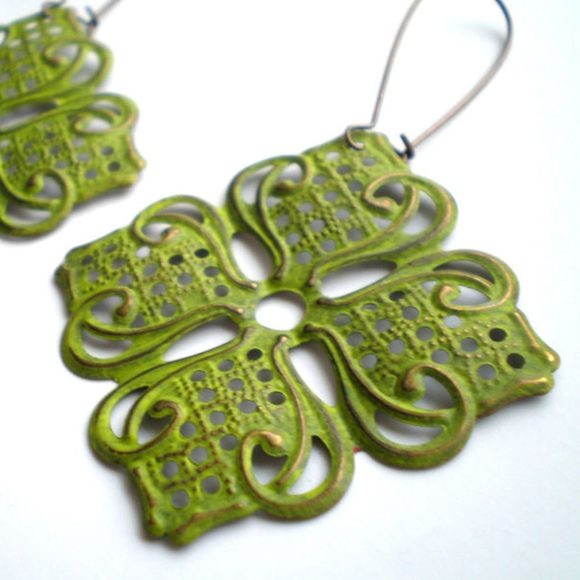 Citrus Green Hand Painted Lotus Filigree Earrings - Picture 1 of 3